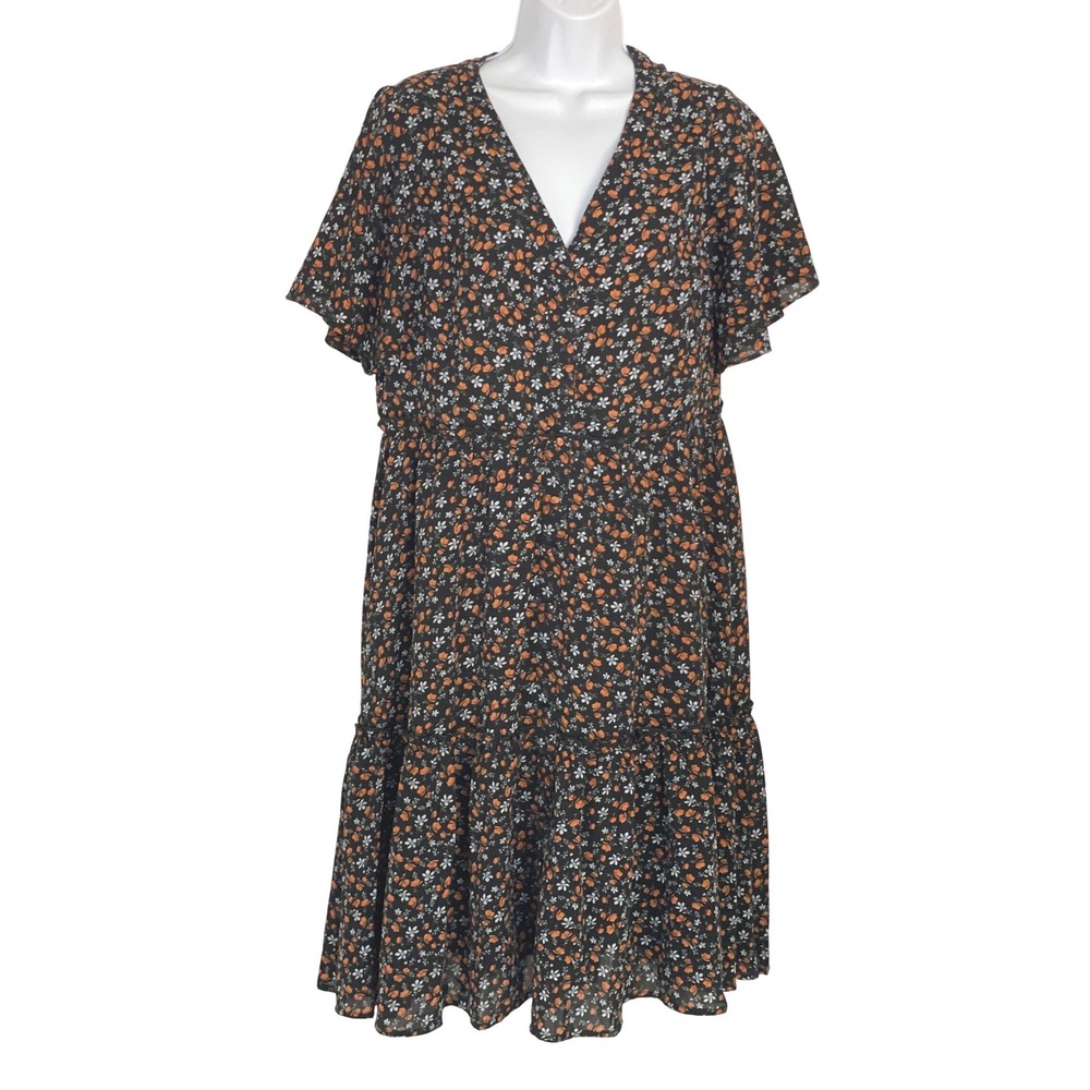 Womens Floral V-Neck Tiered Midi Dress Large Cottagecore Boho Wedding